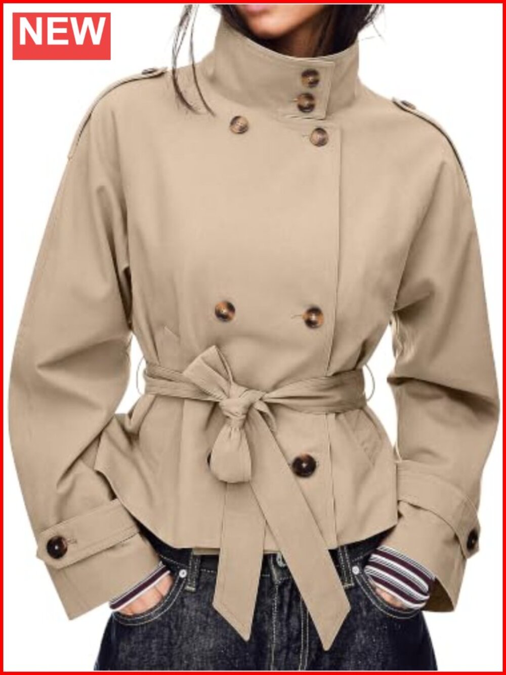 Cropped Trench Coat for Women Double Breasted High Collar Short Jacket